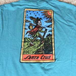 Santa Cruz Mens T-Shirt Size Medium Jester Skull Graphic Print Teal Short Sleeve